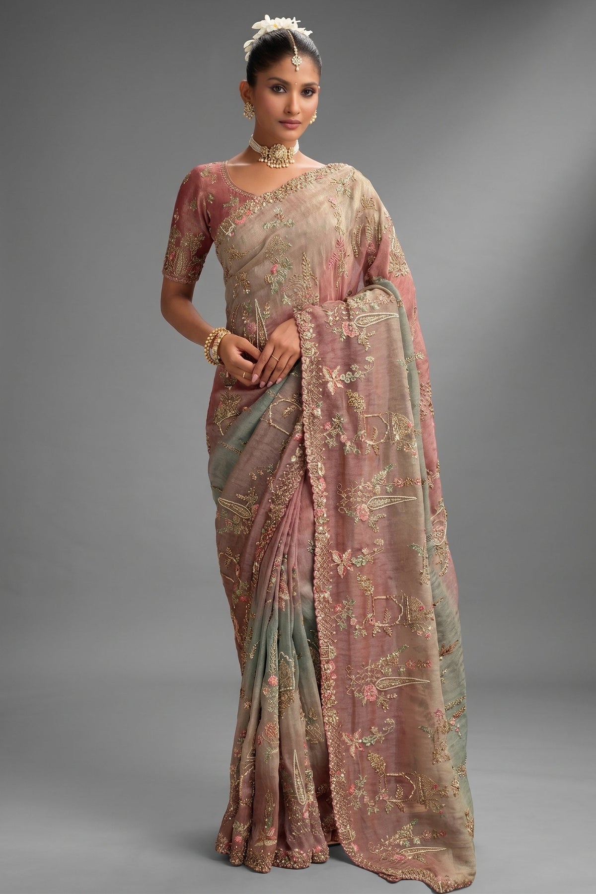 Triple Toned Silk All Over Embroidered Saree - red silk saree embroidered