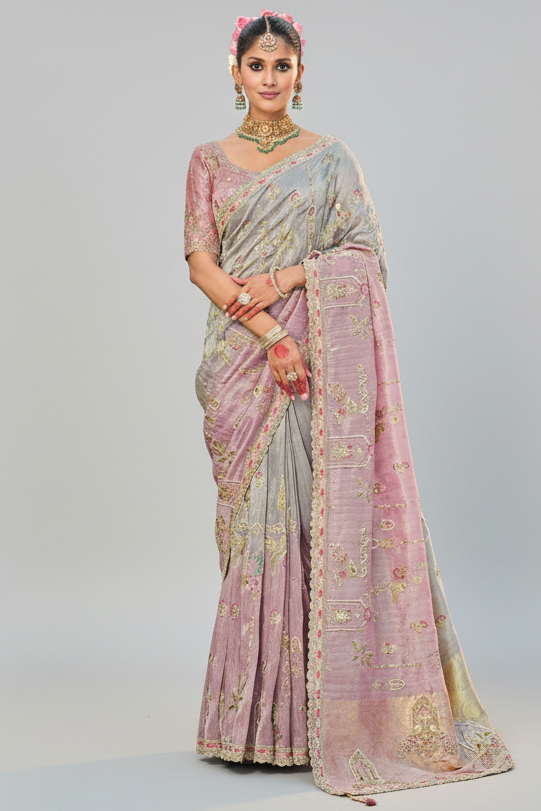 Grey and Pink Silk Woven Saree with Embroidery - pink silk saree embroidery Main image