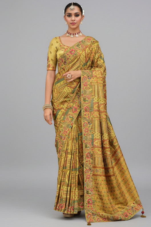 Lime Yellow Silk Woven Saree with Embroidery - yellow silk saree embroidery Main image