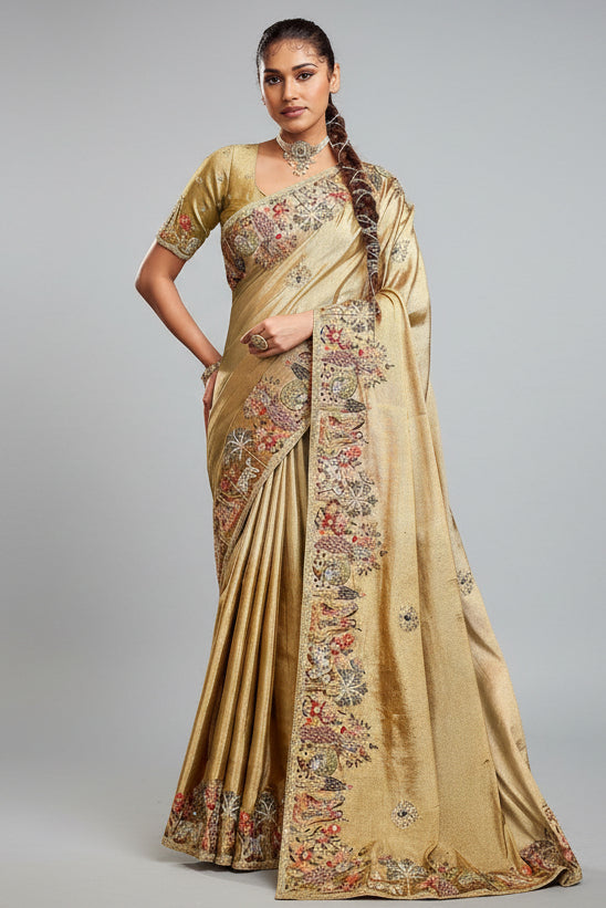 Golden Viscose Silk Embroidered Saree - red silk saree embroidered