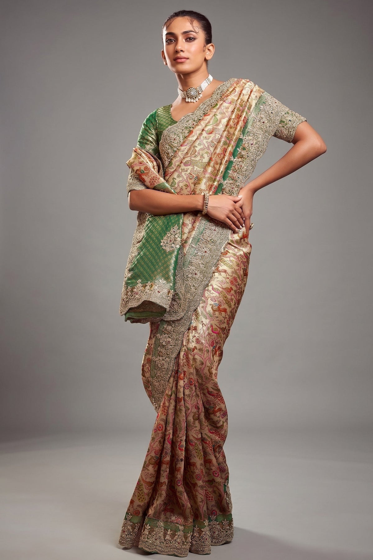 Golden and Green Silk Woven Saree with Embroidery - green silk saree embroidery