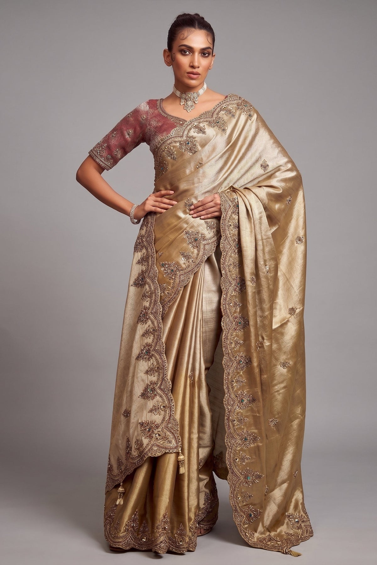 Golden Silk Woven Saree with Embroidery - gold silk saree embroidery