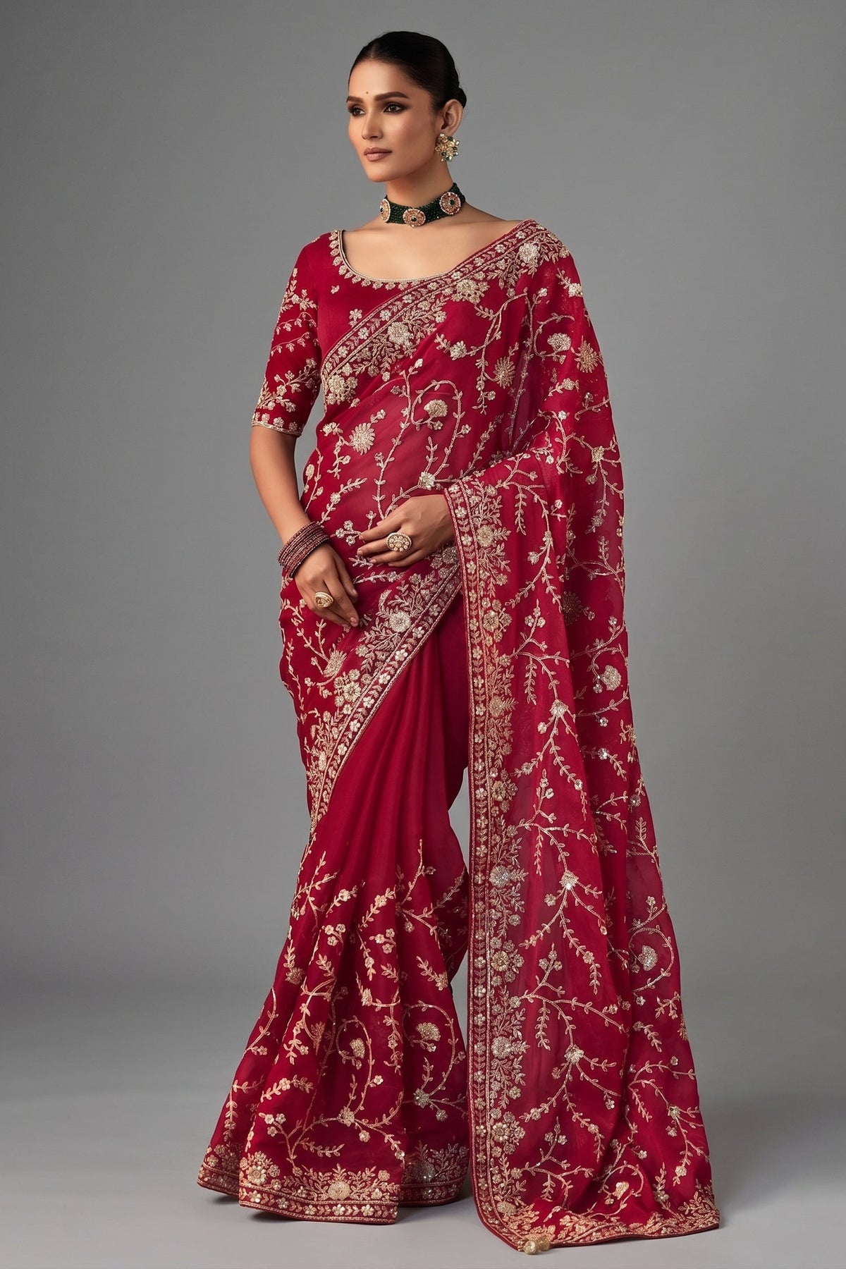 Maroon Organza Saree with Sequin Embroidery Work - maroon organza saree embroidery Main image