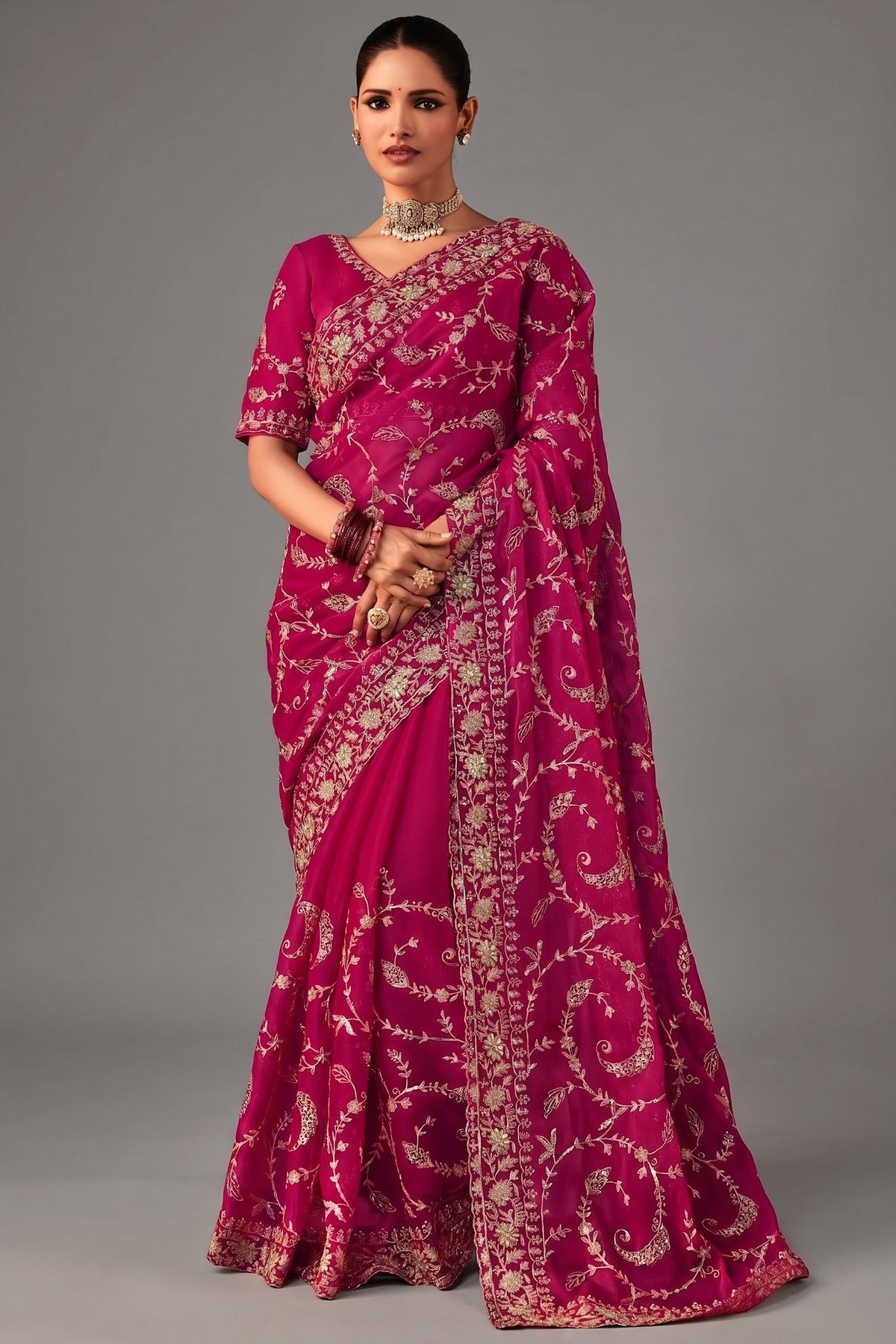 Pink Organza Saree with Sequin Embroidery Work - pink organza saree embroidery Main image