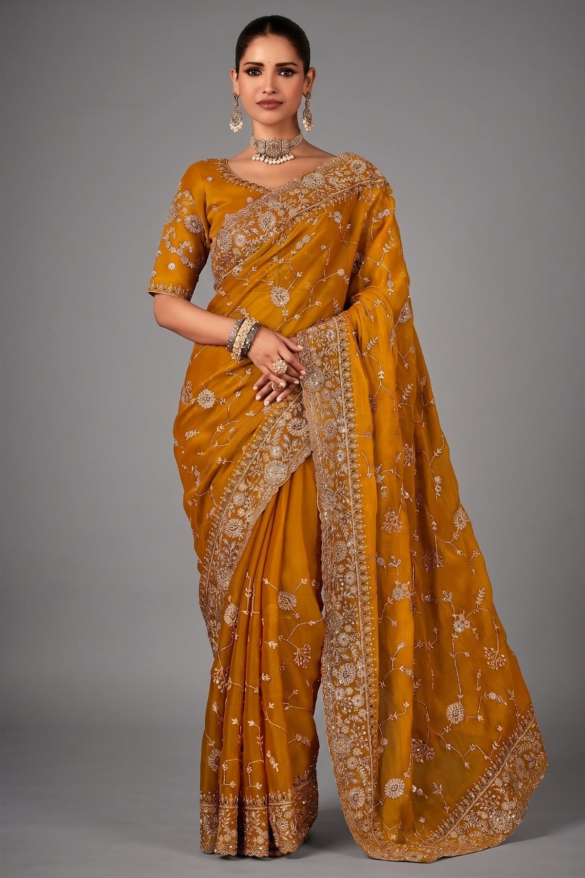 Yellow Organza Saree with Sequin Embroidery Work - yellow organza saree embroidery Main image