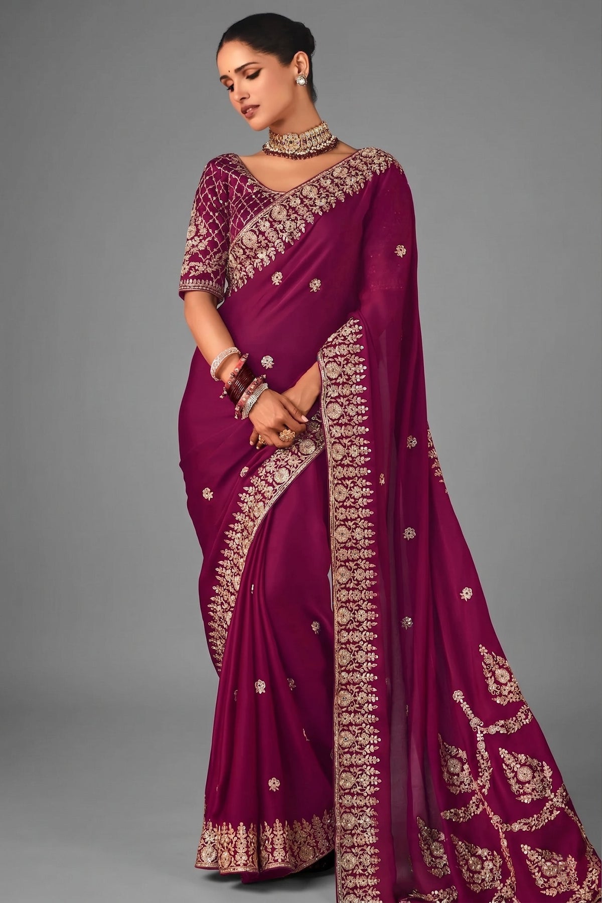 Purple Organza Saree with Embroidery - purple organza saree embroidery