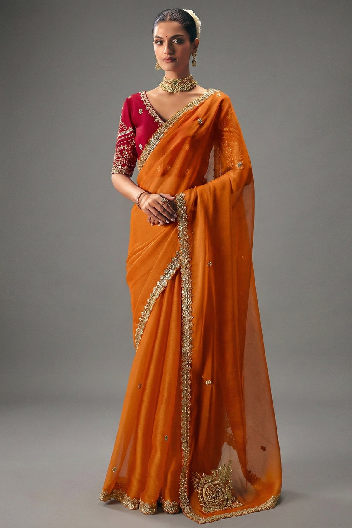 Orange Viscose Chiffon Saree With Embroidered Border And Sequin Work - red chiffon saree embroidered Main image