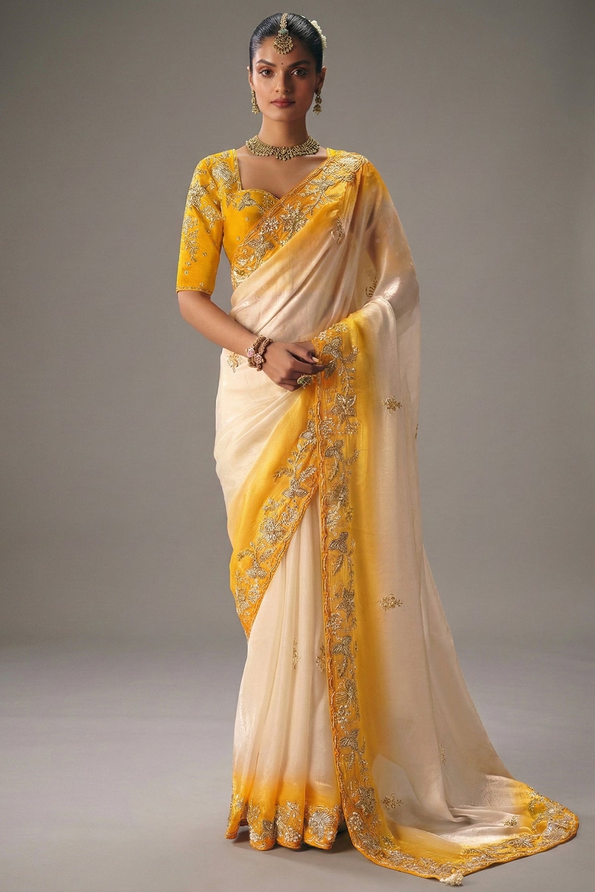 Ivory and Yellow Viscose Chiffon Saree With Heavy Zari Embroidered Border - red chiffon saree embroidered Main image