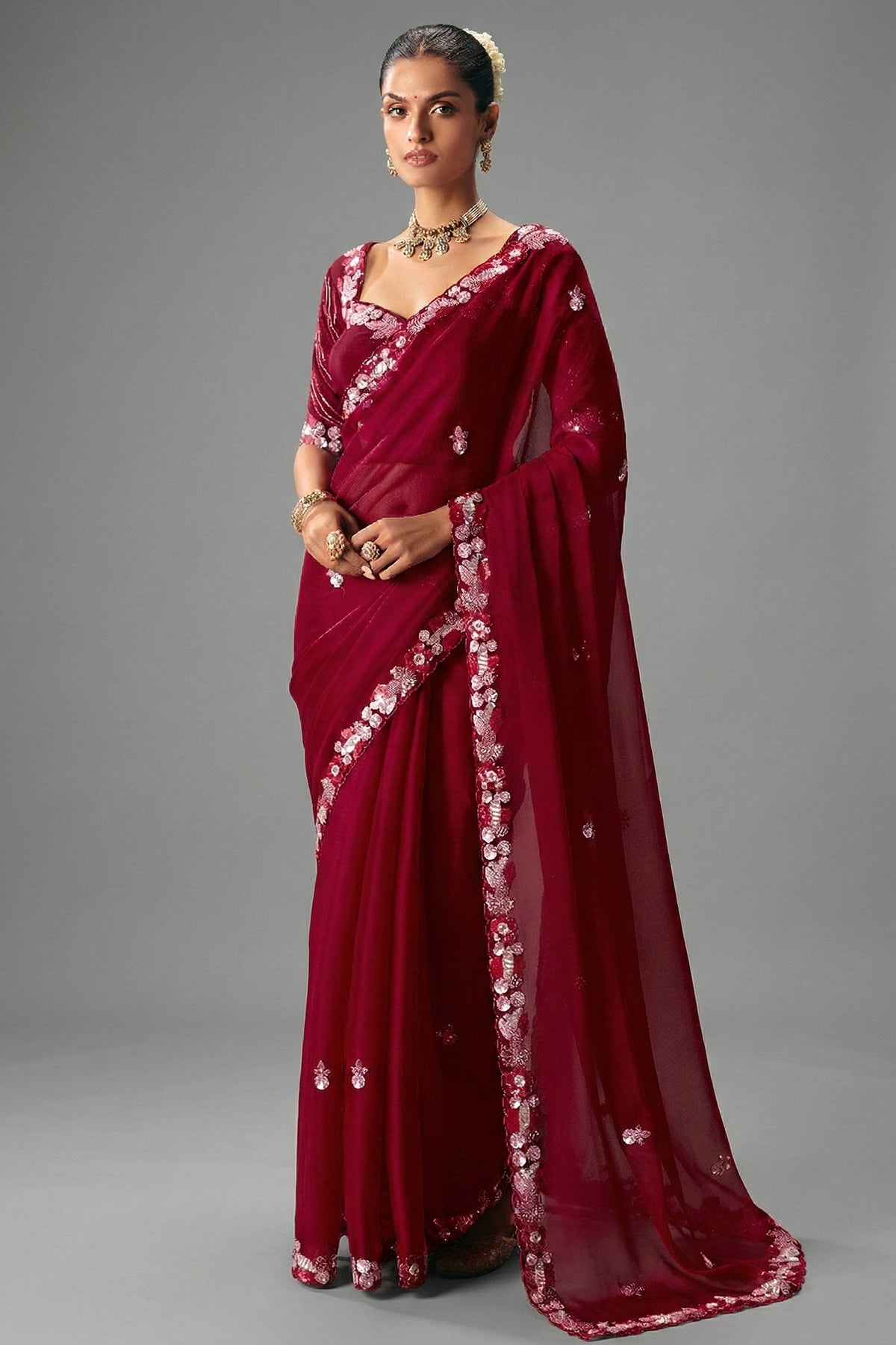 Maroon Viscose Chiffon Saree With Rich Floral Embroidery And Sequin Work - maroon chiffon saree embroidery