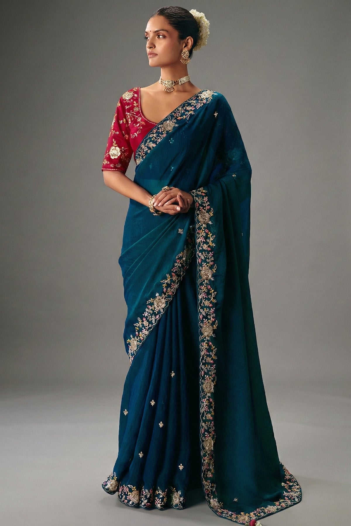 Teal Blue Viscose Chiffon Saree With Embroidered Border And Buti Work - red chiffon saree embroidered Main image