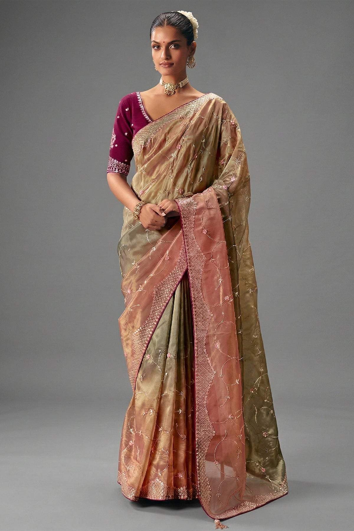 Peach Gold Viscose Chiffon Saree With Heavy Zari And Thread Embroidery - gold chiffon saree embroidery Main image