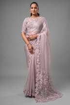 Blush Pink Satin Organza Saree with 3D Floral Applique and Heavy Embroidery