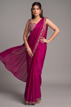 Fuchsia Pre-Stitched Satin Saree with Zardosi Embroidered Blouse and Sheer Cape