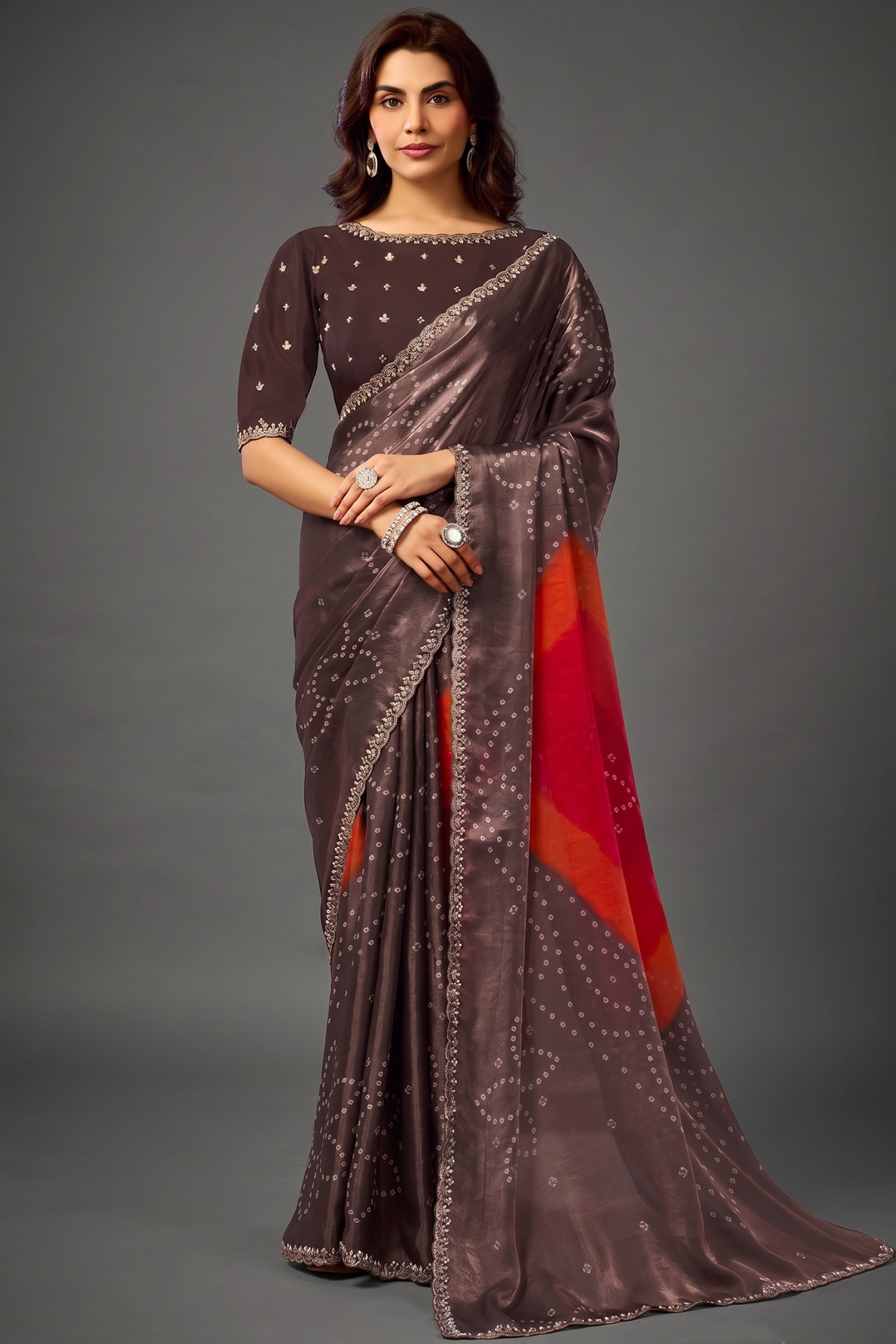 Espresso Coffee Digital Bandhani Saree with Pearl and Stone Handwork Main image