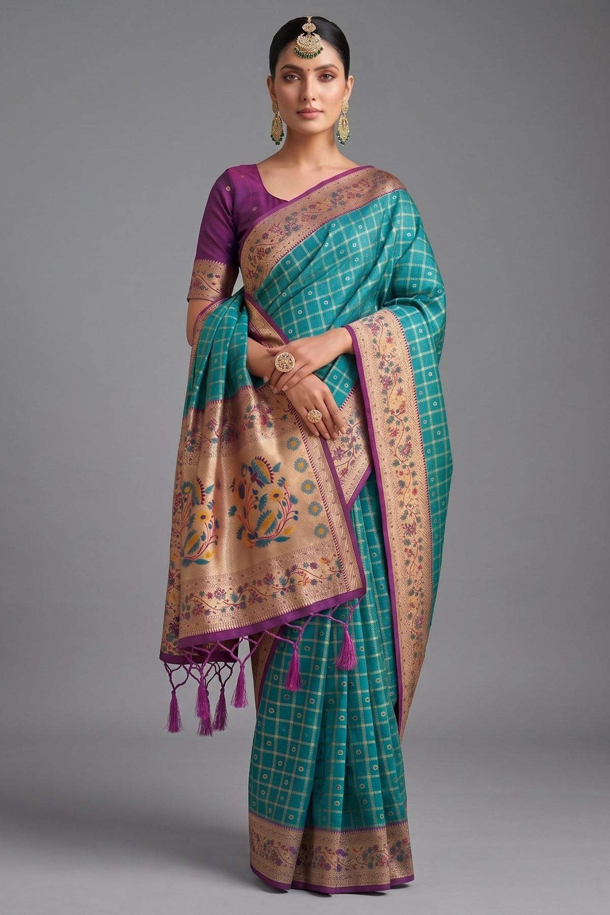 Blue Art Silk Saree with Elegant Zari Checks and Contrast Floral Border