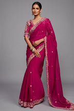 Deep Fuchsia Pink Monochrome Saree with Sequins Embroidery