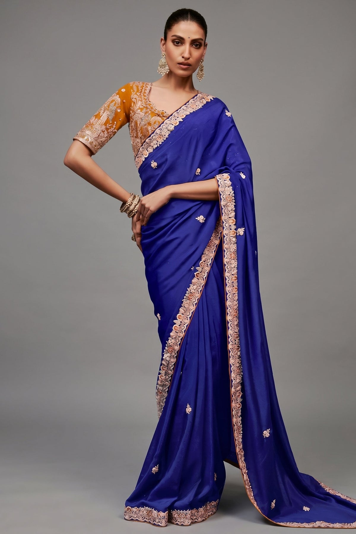 Royal Blue Tissue Organza Saree with Embroidered Blouse