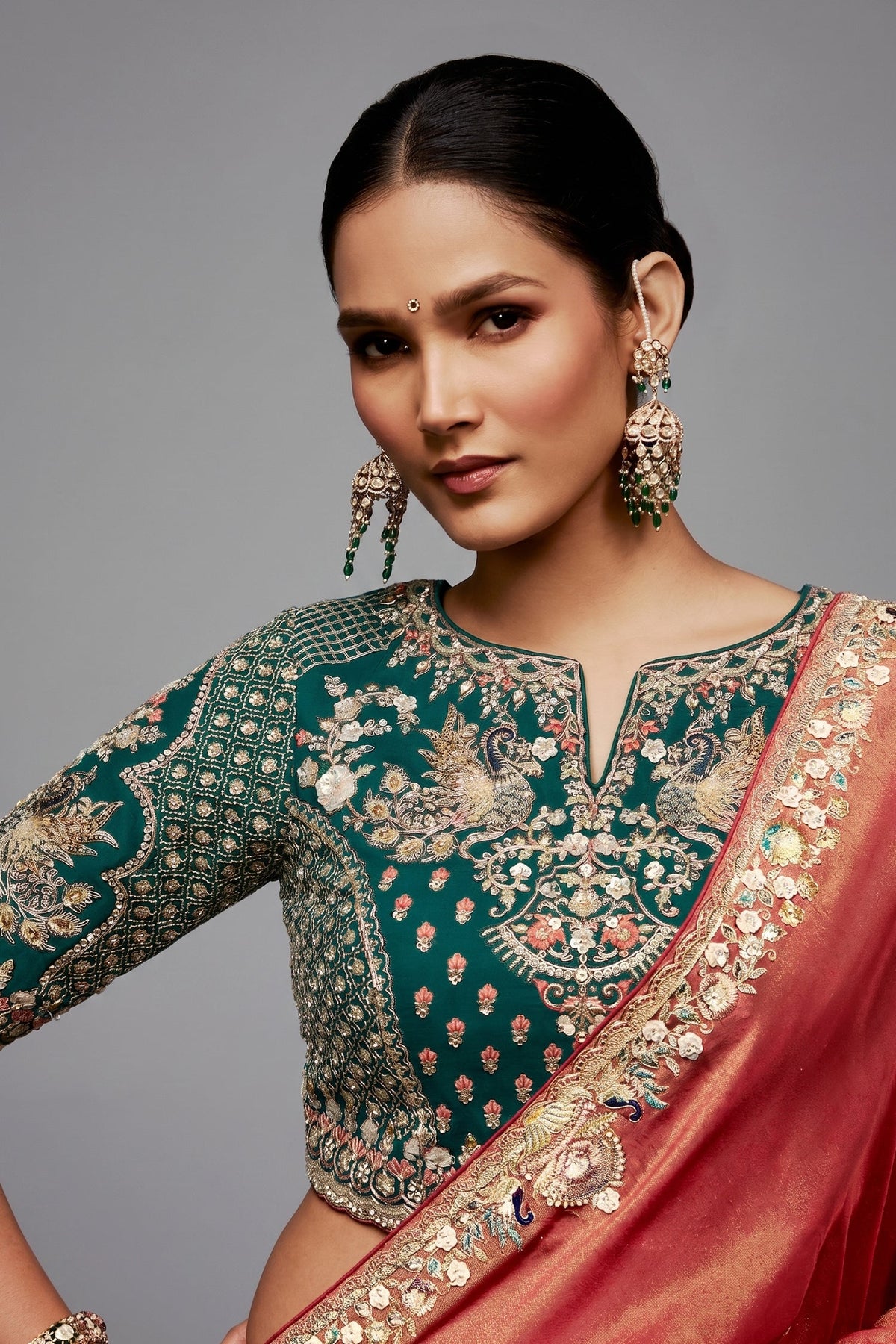Rose Gold Dual-Tone Saree With Emerald Green Peacock Embroidered Blouse