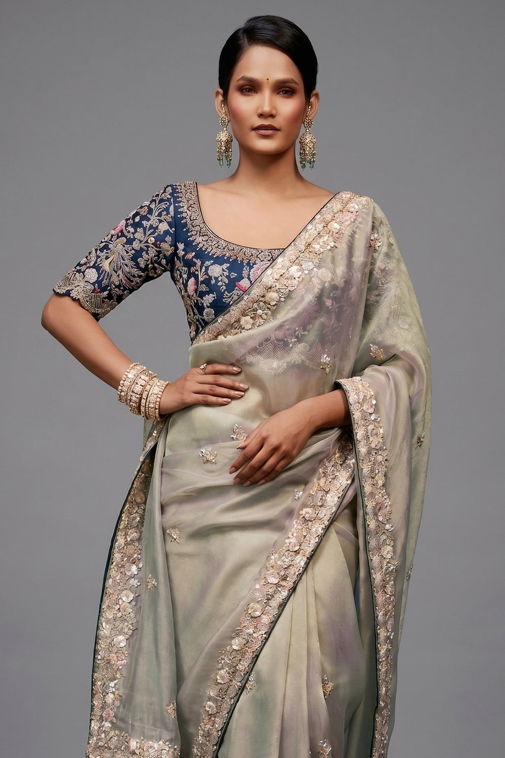 Pastel Mint Grey Organza Saree with Midnight Blue Peacock Embroidered Blouse