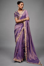 Lilac Purple Shimmer Saree with Deep Violet Floral Embroidered Blouse