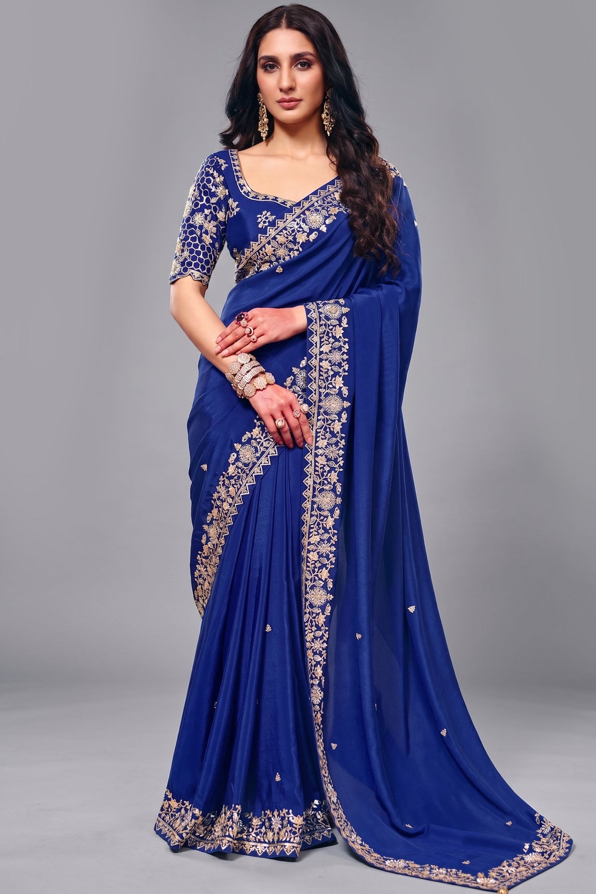 Royal Blue Satin Saree Adorned with Heavy Sequin Embroidery Main image