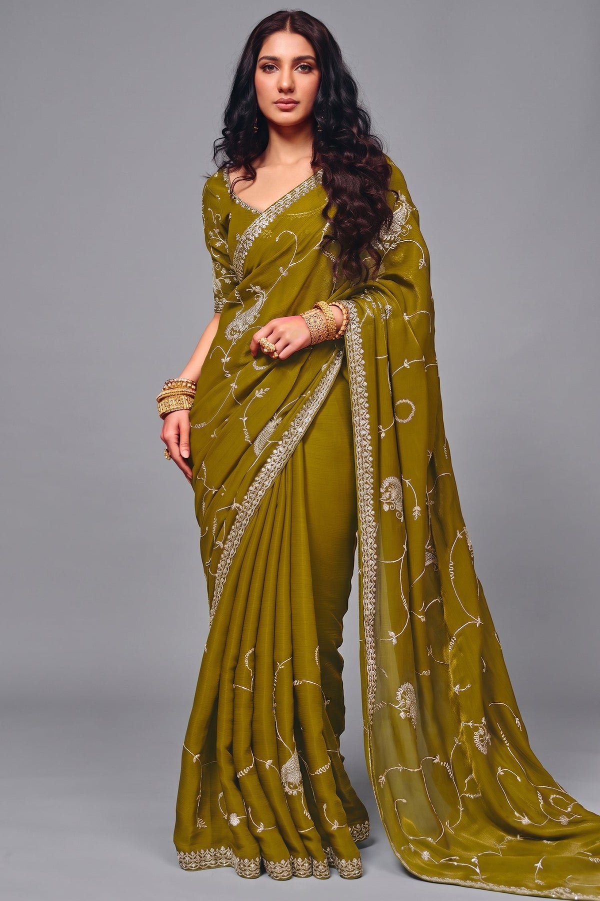 Olive Green Organza Satin Saree Embellished with Heavy Sequin Embroidery Main image