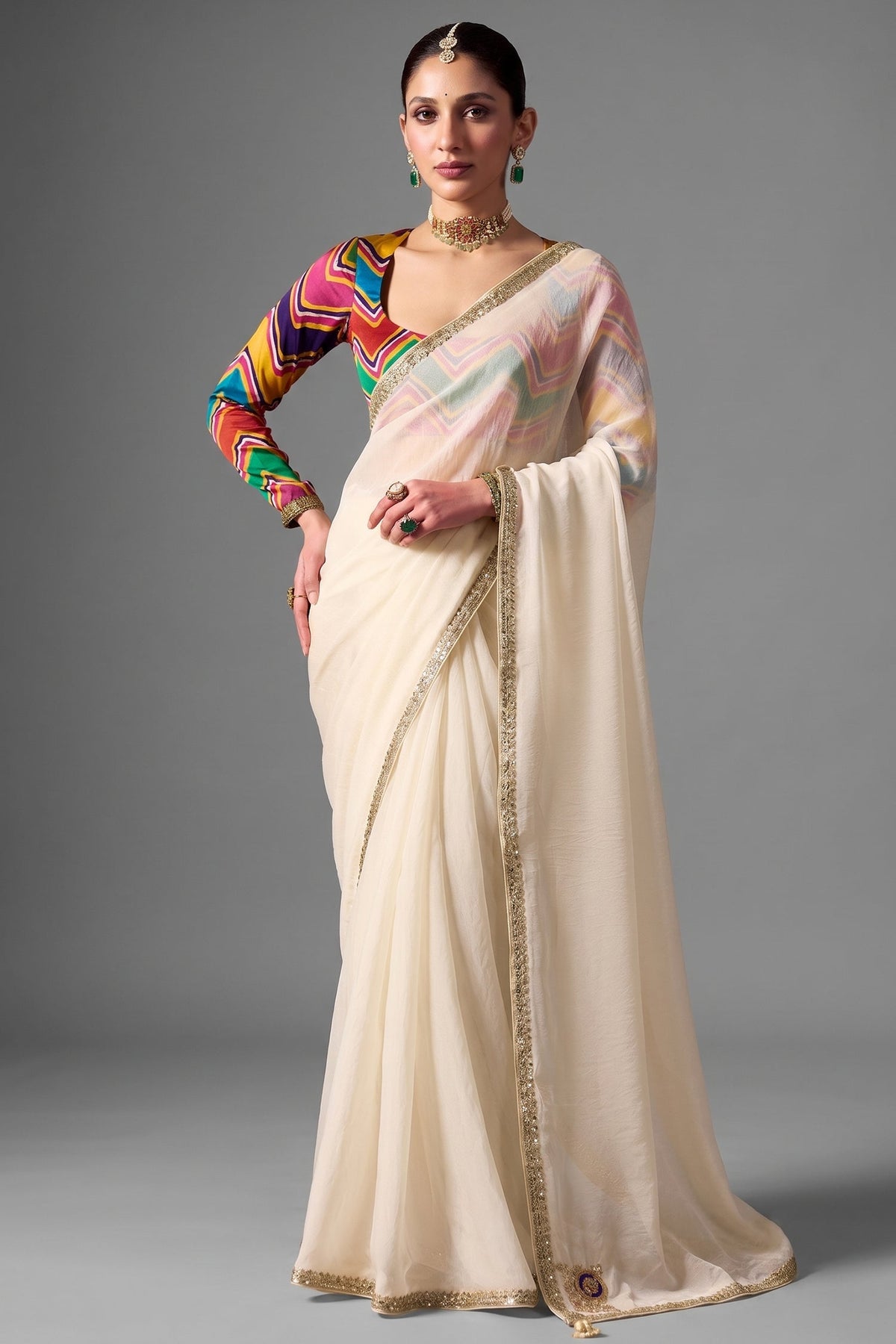Ivory Cream Glass Tissue Saree with Sequin Butti Work And Multicolored Digital Print Blouse Main image
