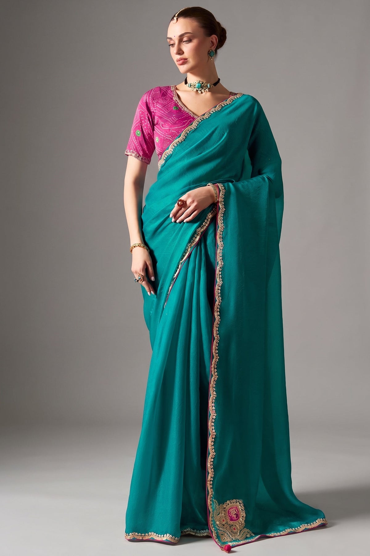 Emerald Teal Organza Saree with Showcasing Sequin Embroidery Main image