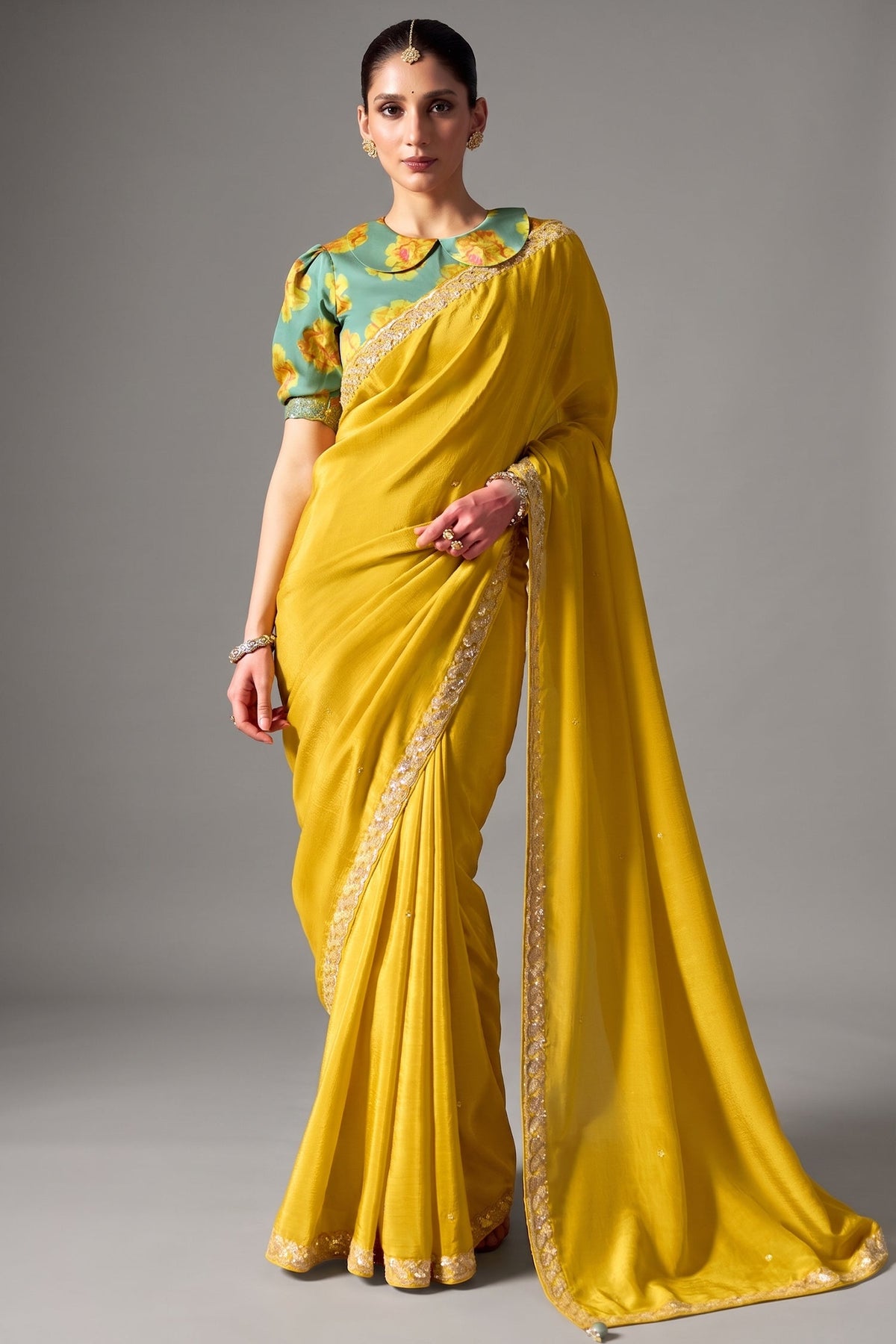 Vibrant Lemon Yellow Tissue Saree with Dhaga Embroidery Main image