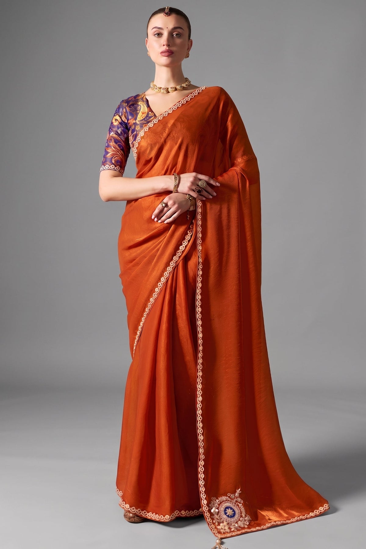 Rust Copper Organza Saree Detailed With Sequin Work Border Main image