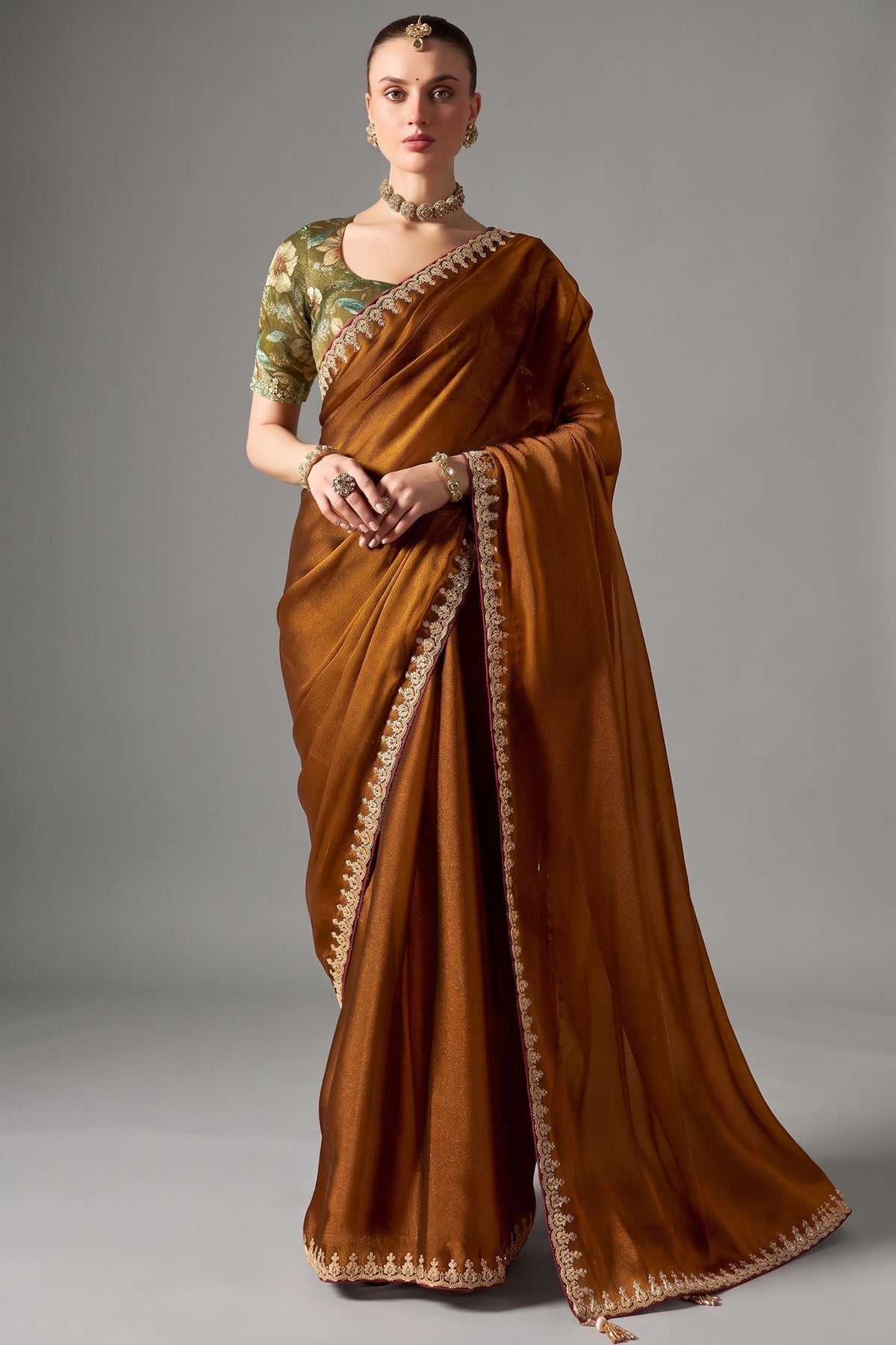 Rich Bronze Brown Tissue Saree Showcasing Embroidery Main image