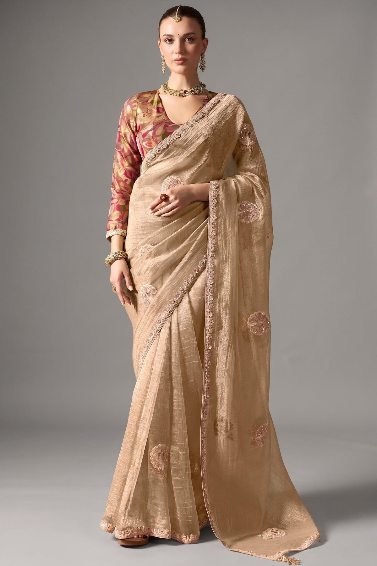 Champagne Beige Organza Saree With Subtle Sequin Work Main image