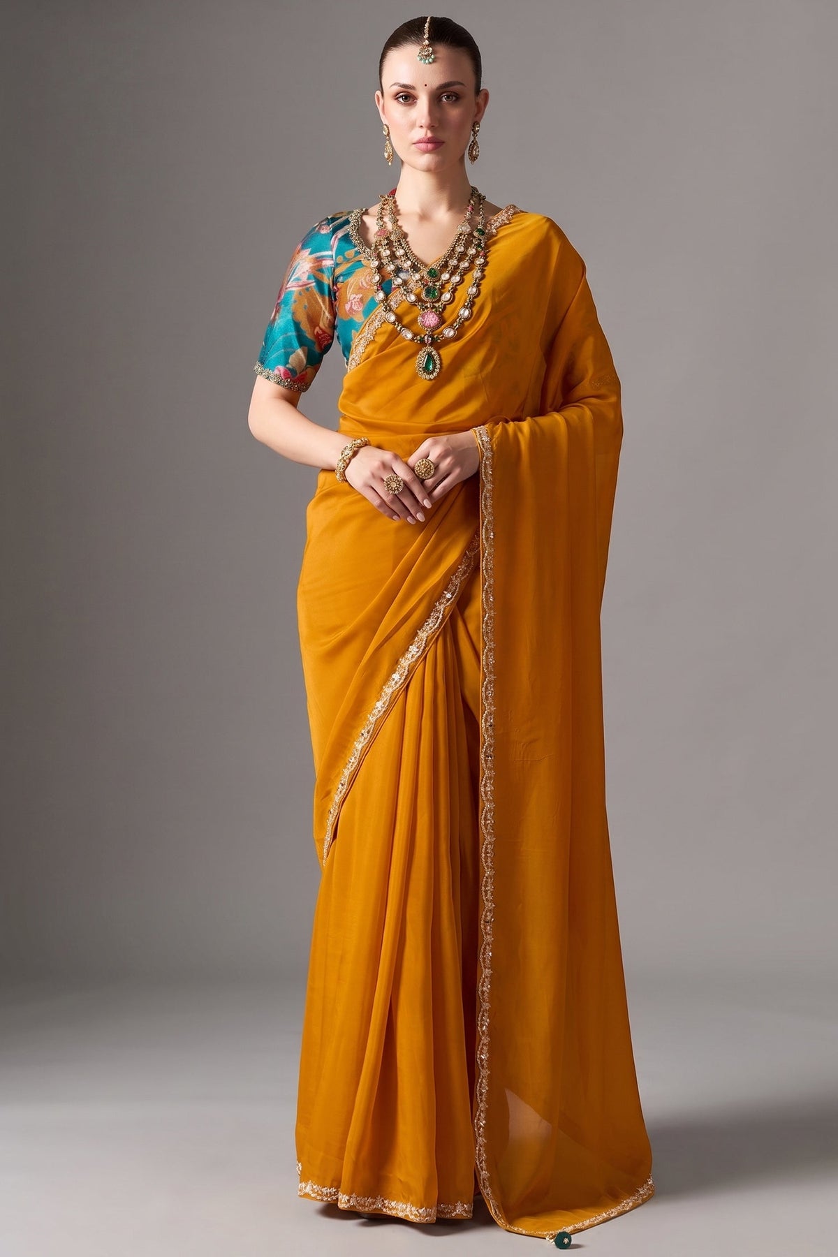 Marigold Orange Glass Tissue Saree With Thread Embroidery Main image
