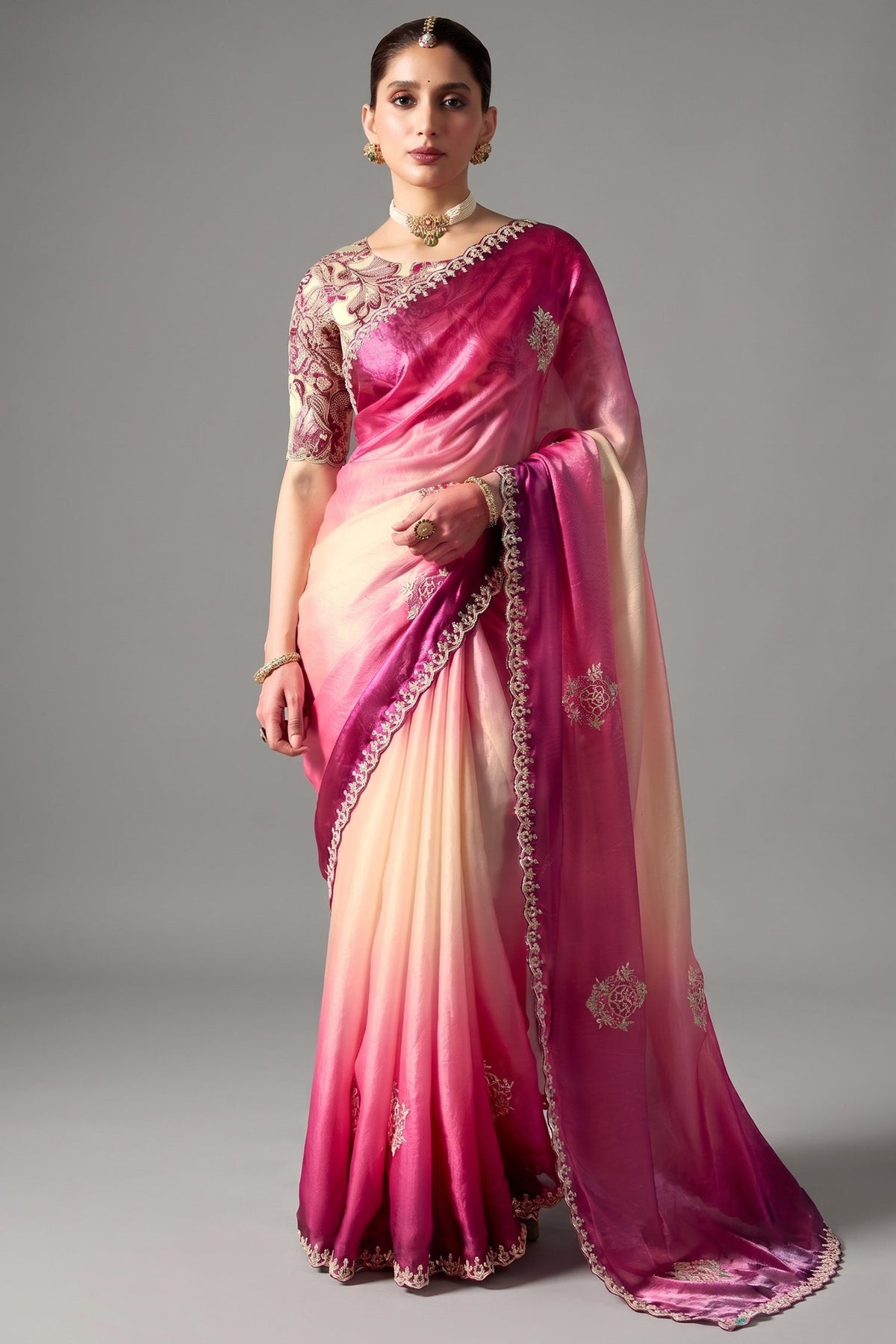 Magenta Dual-Tone Ombre Tissue Saree With Dhaga Embroidery Main image