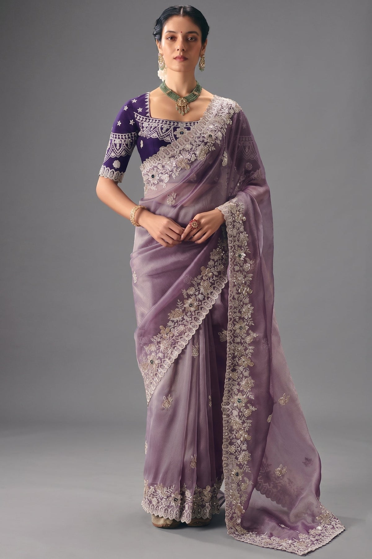 Lavender Mauve Organza Saree In Scallop Border Main image