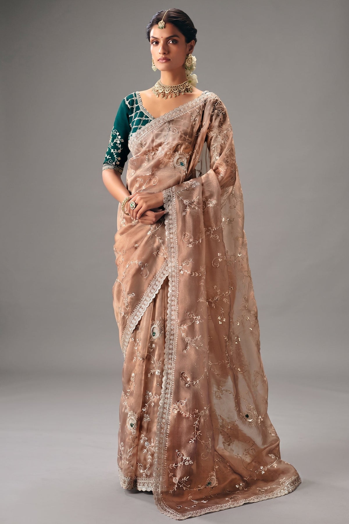 Dusty Rose Brown Saree with Floral jaal Embroidery & Sequin Buttis Main image