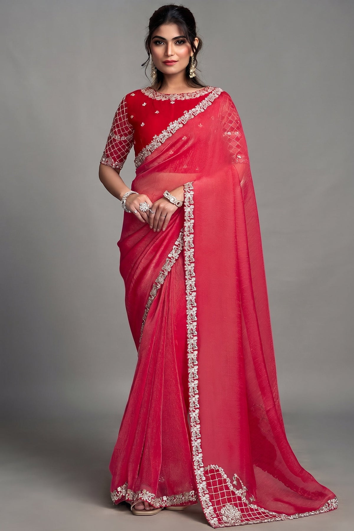 Raspberry Red Organza Satin Saree with Embroidery Main image