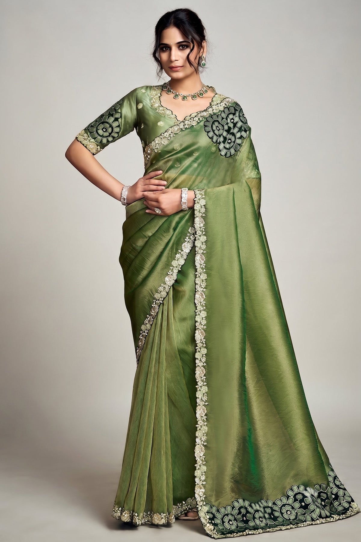 Olive Green Organza Saree Elevated With A Heavily Worked Main image