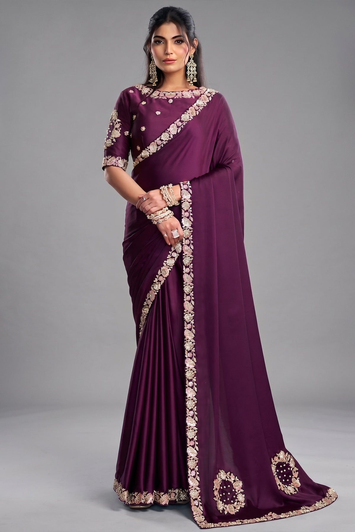 Deep Mulberry Purple Satin Silk Saree With Elevated Sequin Embroidery Main image