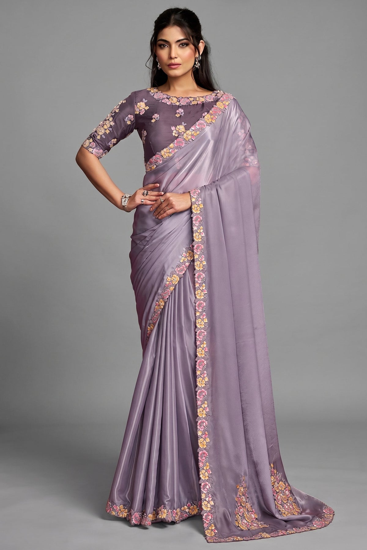 Lilac Lavender Crepe Satin Saree Detailed with Multi-Thread Embroidered Floral Motifs Main image