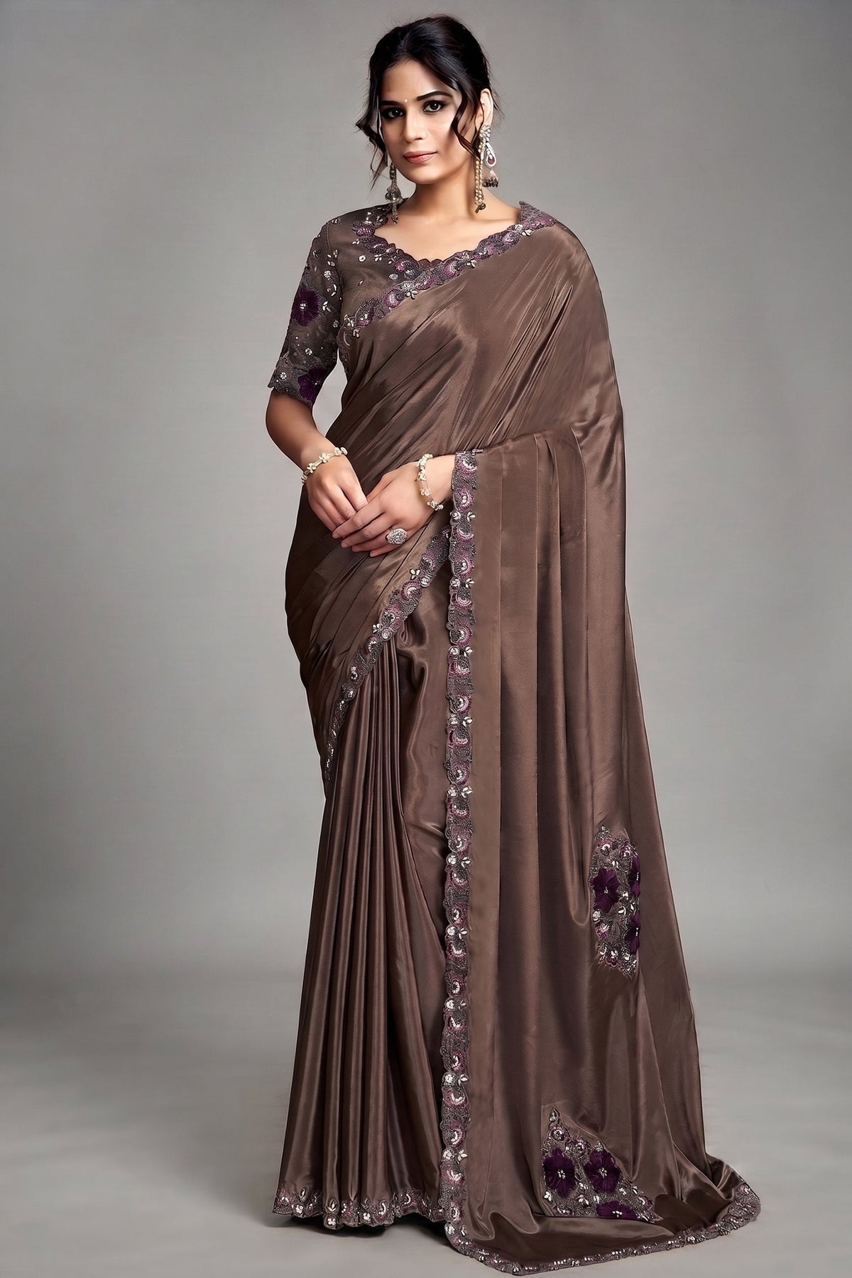 Dark Coffee Brown Lustrous Satin Saree with Applique Flower Work Main image