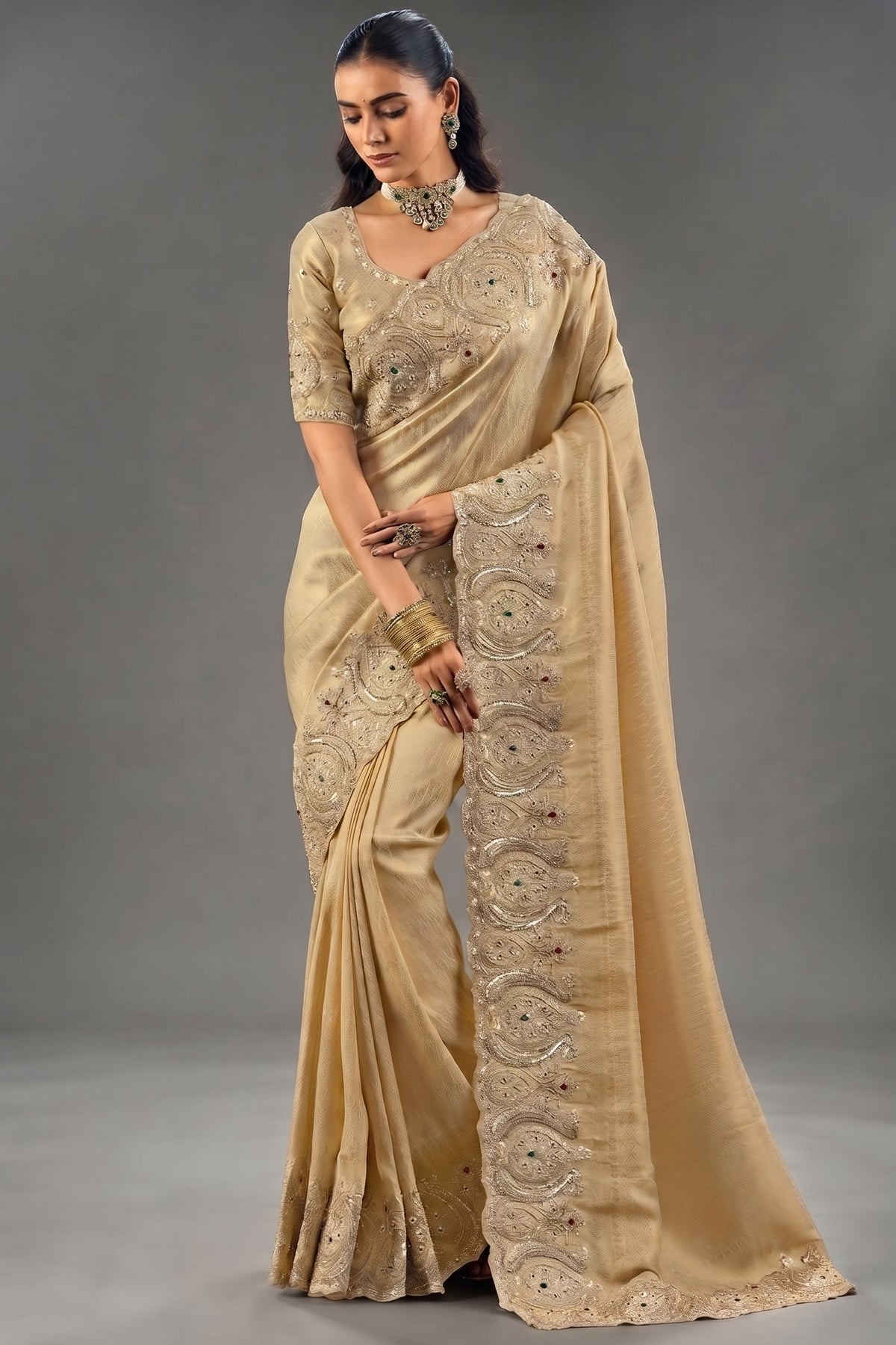 Gold Pure Kanjivaram Saree with Emerald Heavy Embroidery Main image