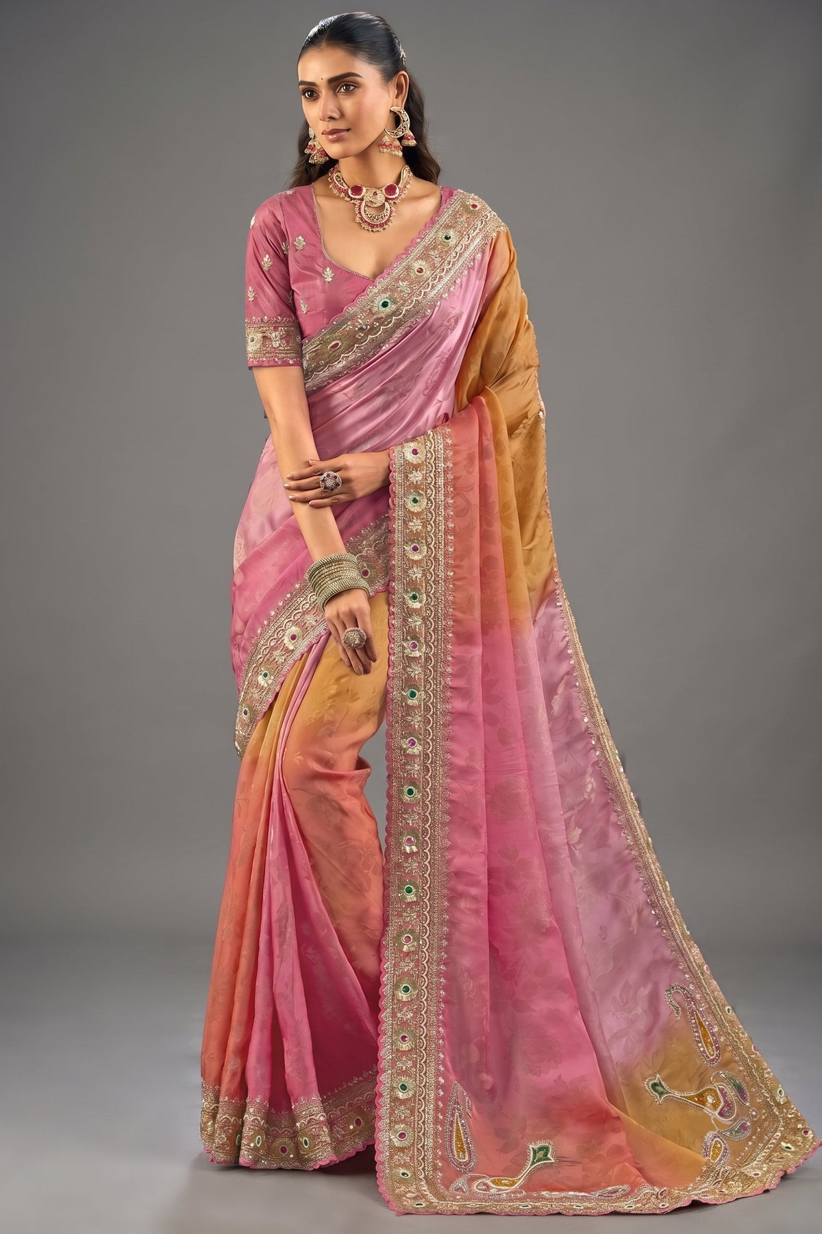 Multi Tone Ombre Crepe Saree with Emerald Heavy Work Main image