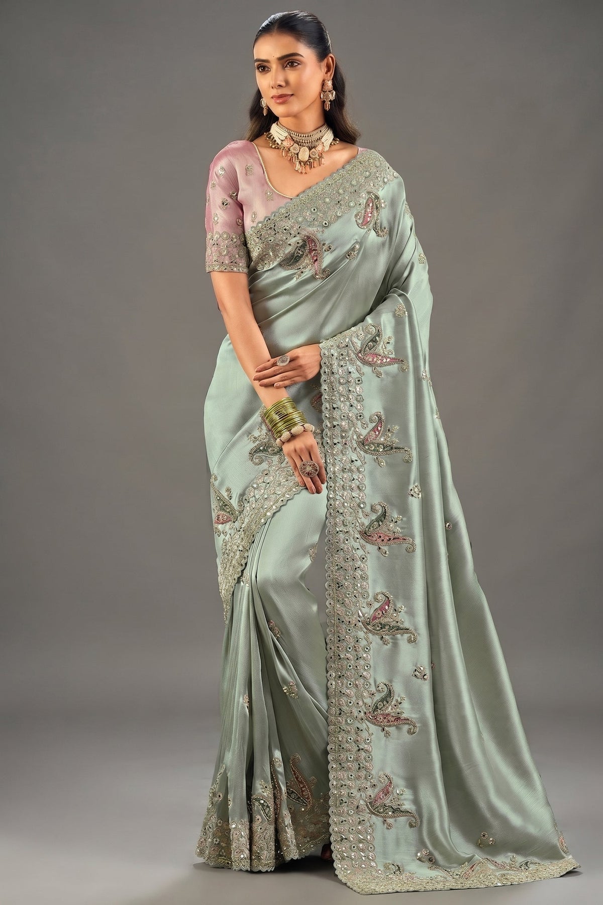 Pista Mint Green Silk Saree Adorned With Mirror Embellishment Main image