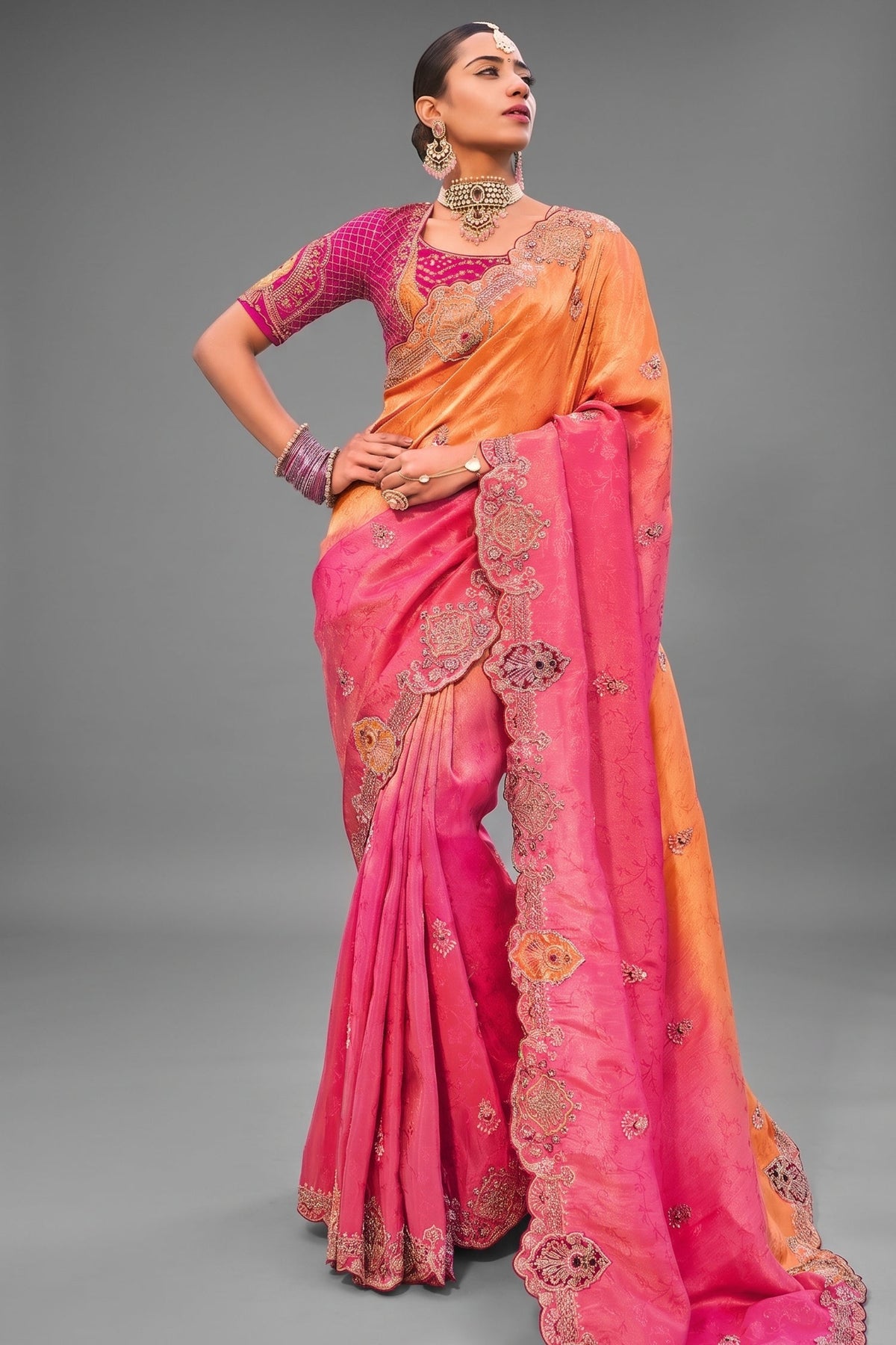 Orange To Rani Pink Gradient Crepe Jacquard Saree Highlighting Pearl Embellishment Main image