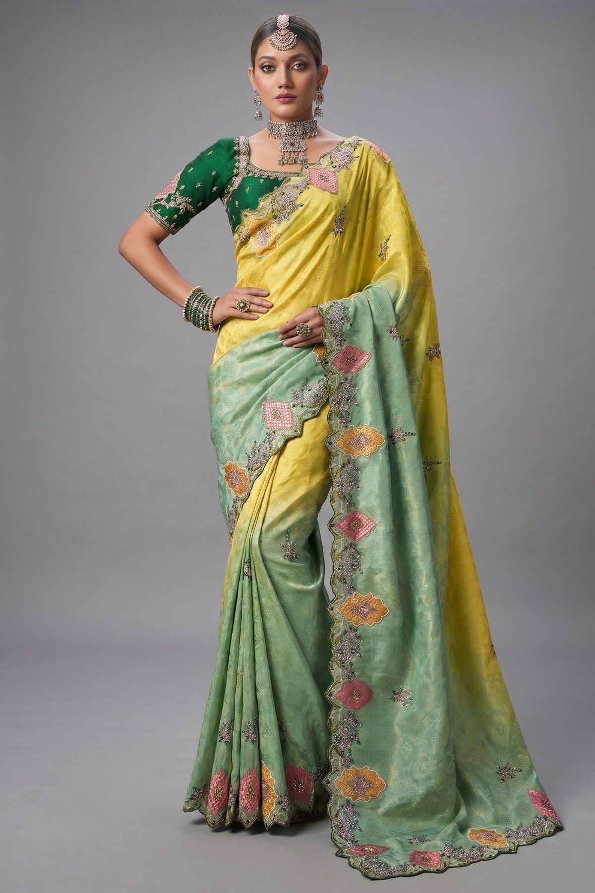 Lemon Yellow To Meadow Green Ombre Crepe Jacquard Saree with Metallic Cutdana And Moti Border Main image