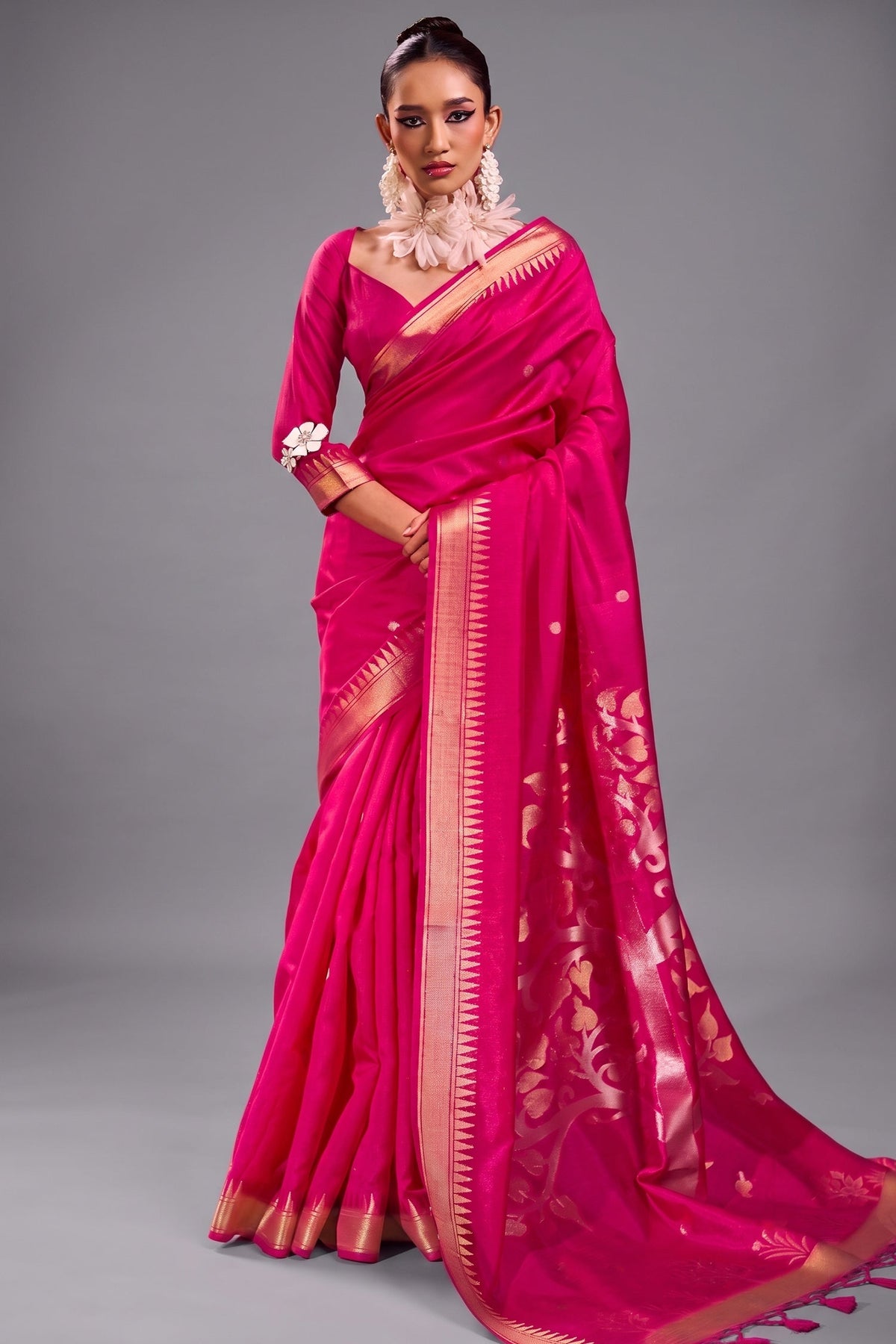 Rani Pink Satin Linen Saree with Temple Border And Elaborate Floral Pallu Main image