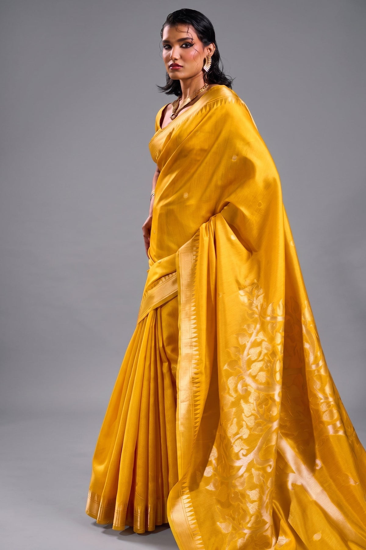 Canary Yellow Satin Linen Saree with Temple Border And Elaborate Floral Pallu Main image