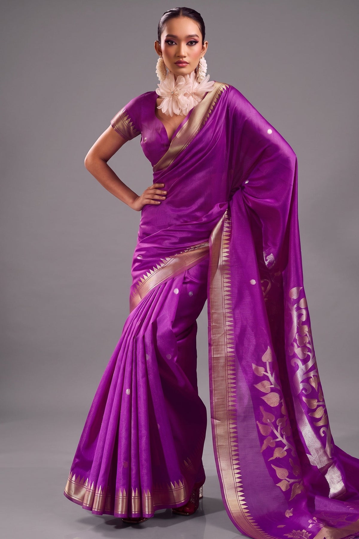 Royal Violet Satin Linen Saree with Temple Border And Elaborate Floral Pallu Main image