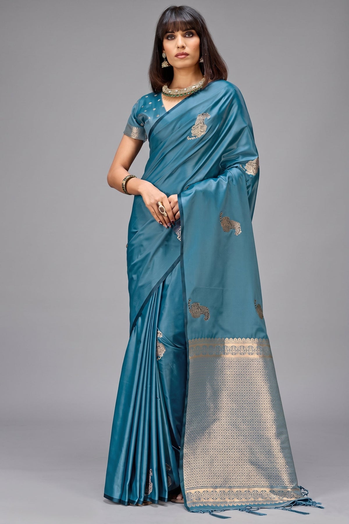 Antique Olive Gold Satin Silk Saree with Metallic Tiger Weaves And Geometric Zari Border
